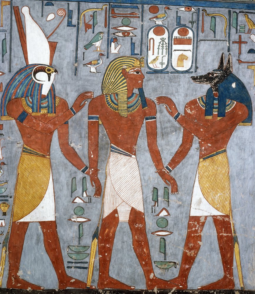 Ramsés I entre Horus e Anubis, fresco, câmara funerária, Túmulo de Ramesses I (KV16), Vale dos Reis, Tebas (Lista do Património Mundial da Unesco) de Egyptian 19th Dynasty