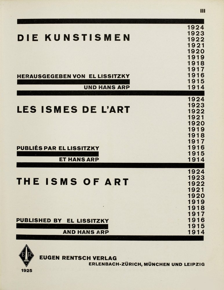 Página de rosto: Os Artismos. Os ismos de arte de El Lissitzky e Hans Arp, 1925. de Eliezer Markowich Lissitzky