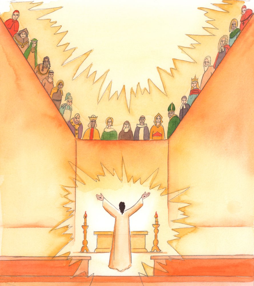 Na missa, enquanto Cristo reza ao Pai, os santos olham do céu e partilham as nossas orações, 2005 (aguarela sobre papel) de Elizabeth Wang