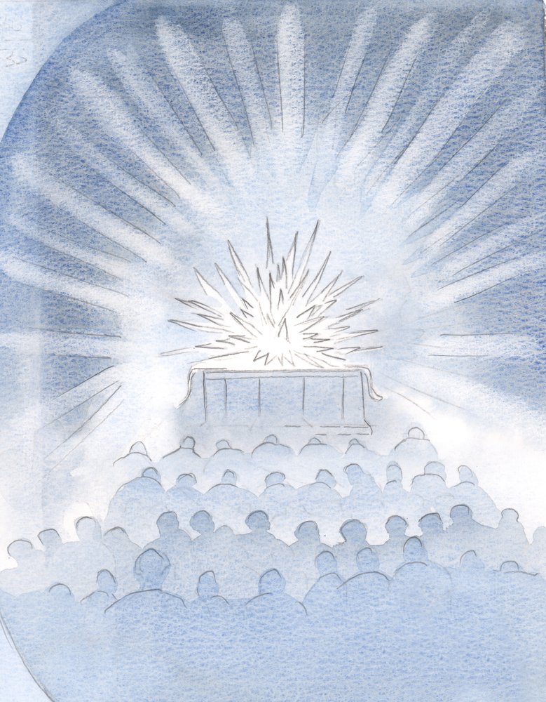Eu vi o fogo branco do sacrifício no altar, e o esplendor e a glória do verdadeiro Sacrifício de Cristo, 2000 (w - c no papel) de Elizabeth Wang