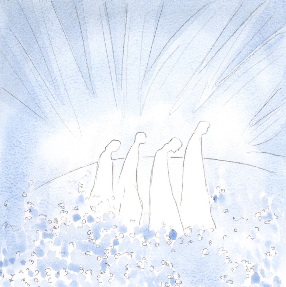 Almas purificadas agora caminham sobre um tapete de flores, em alegria e simplicidade, livres de todo cinismo e dureza de coração., 2001 (w - c no papel) de Elizabeth Wang