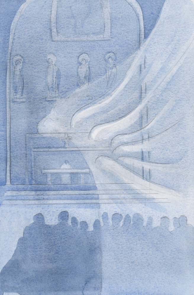 Os anjos adoram Cristo na Sagrada Eucaristia, 2001 (w - c no papel) de Elizabeth Wang