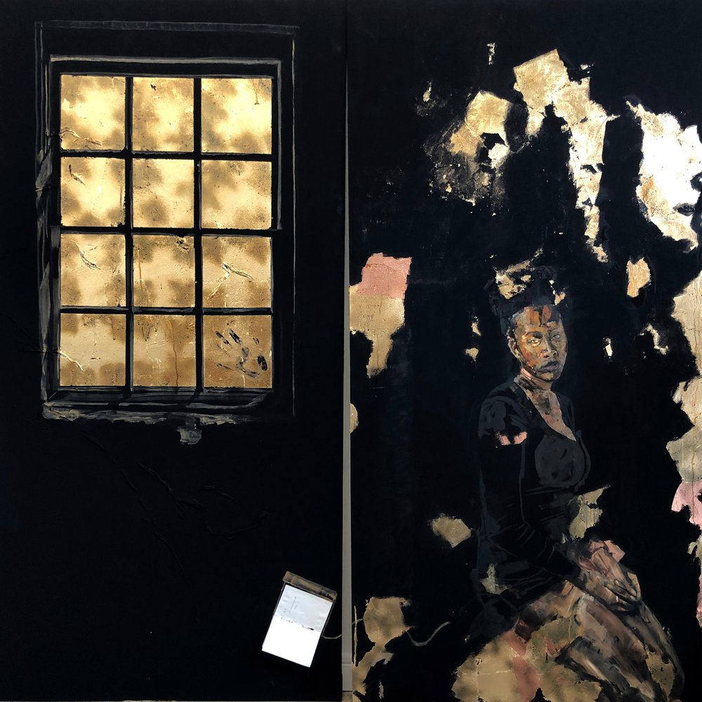 Limbo Diptych, 2021 (óleo, acrílico, impressão de transferência de calor e imitação de folha de ouro) de Emma Prempeh