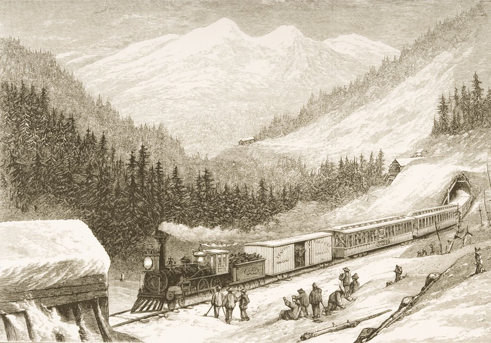 Portando correio dos Estados Unidos através da Sierra Nevada em 1870, da "American Pictures", publicado pela The Religious Tract Society, 1876 de English School