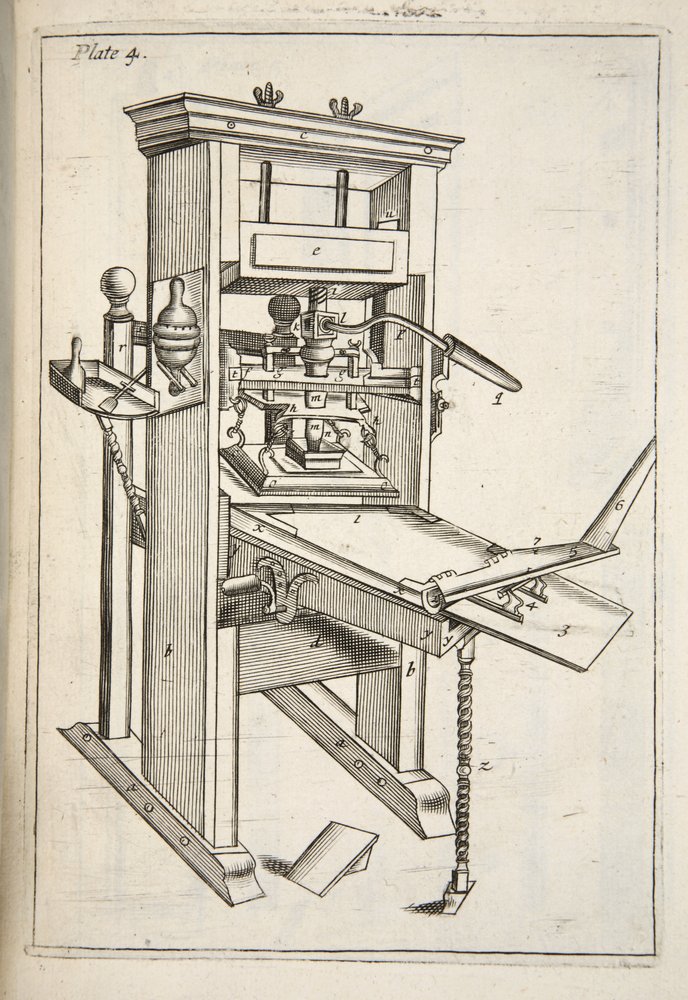 The Printing Press, de Mechanick Exercises: ou The Doctrine of Handy-Works aplicada à Art of Printing, pub. 1683 de English School