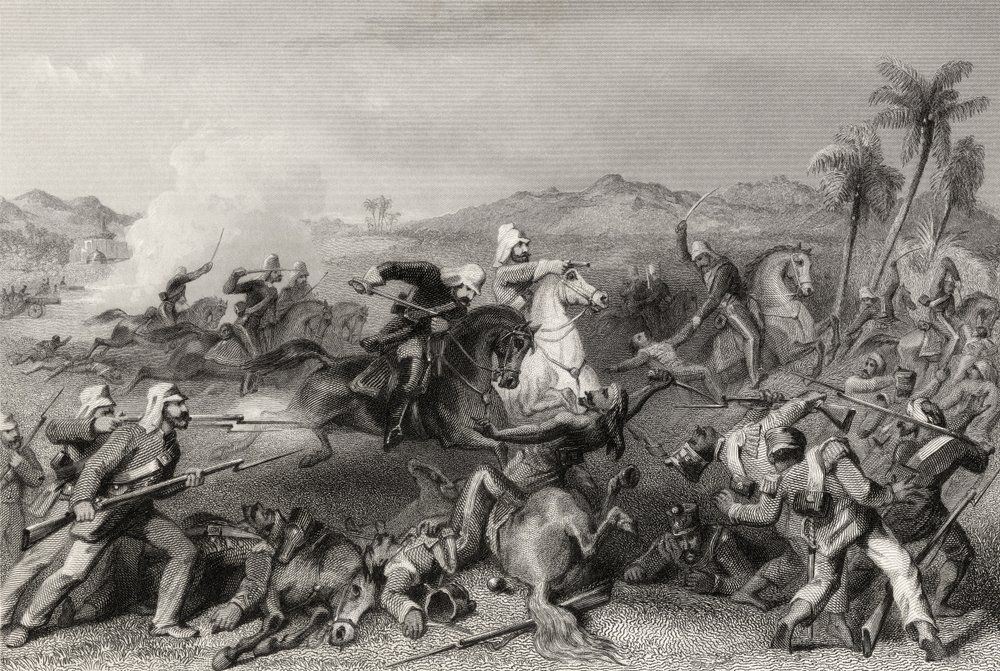 Ataque contra os amotinados de Sealcote pela cavalaria irregular do General Nicholson em 1857, de "A História do Motim Indiano" publicado em 1858 de English School