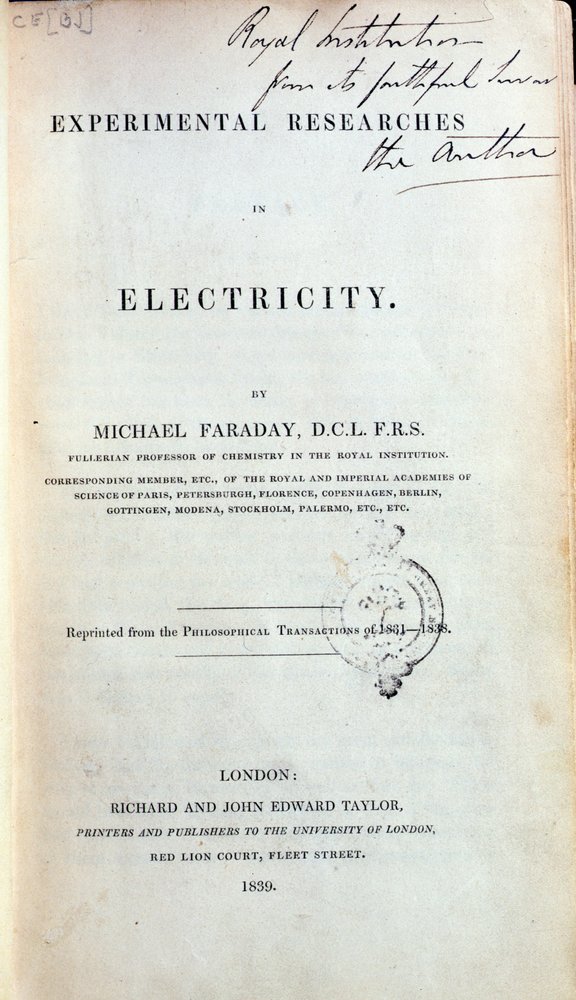 Frontispício para Pesquisas Experimentais em Eletricidade por Michael Faraday (1791-1867) publicado em 1839 de English School