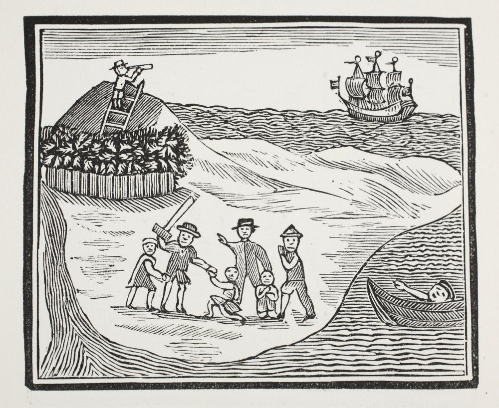 Aterrissagem do grupo de Mutinous na ilha, ilustração dos Chapu-livros do século XVIII por John Ashton, bar. 1882 de English School