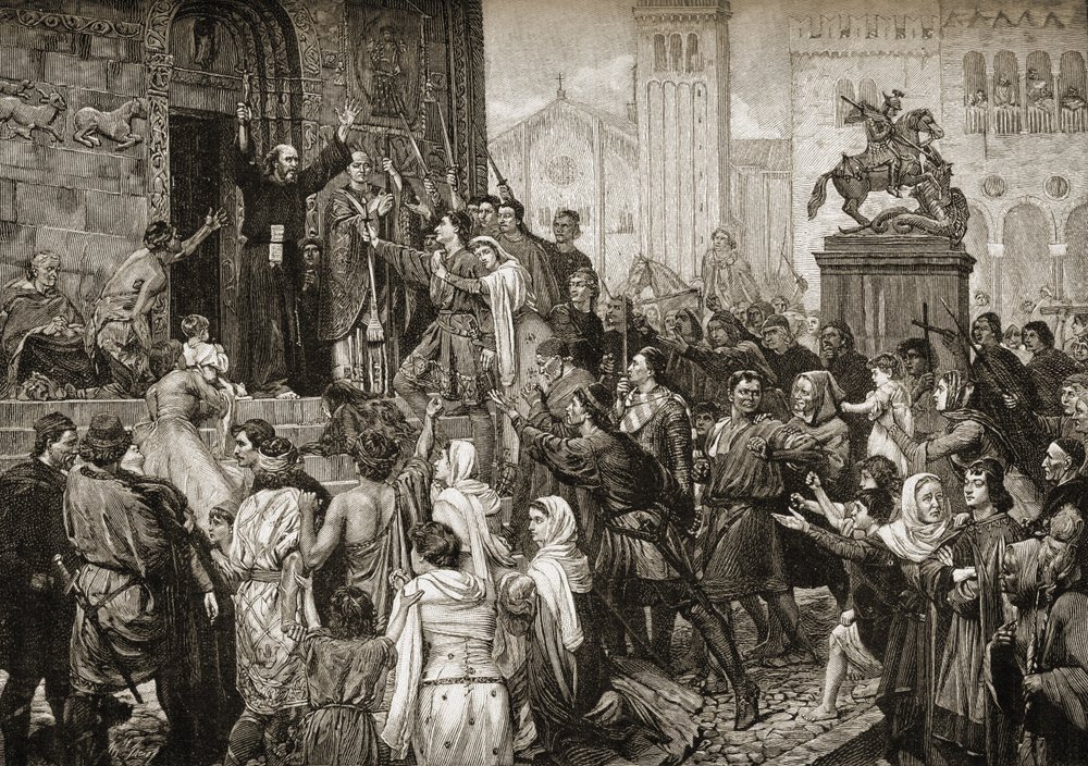 Pedro, o Eremita (1050-1115) pregando durante a Primeira Cruzada em 1095 de English School