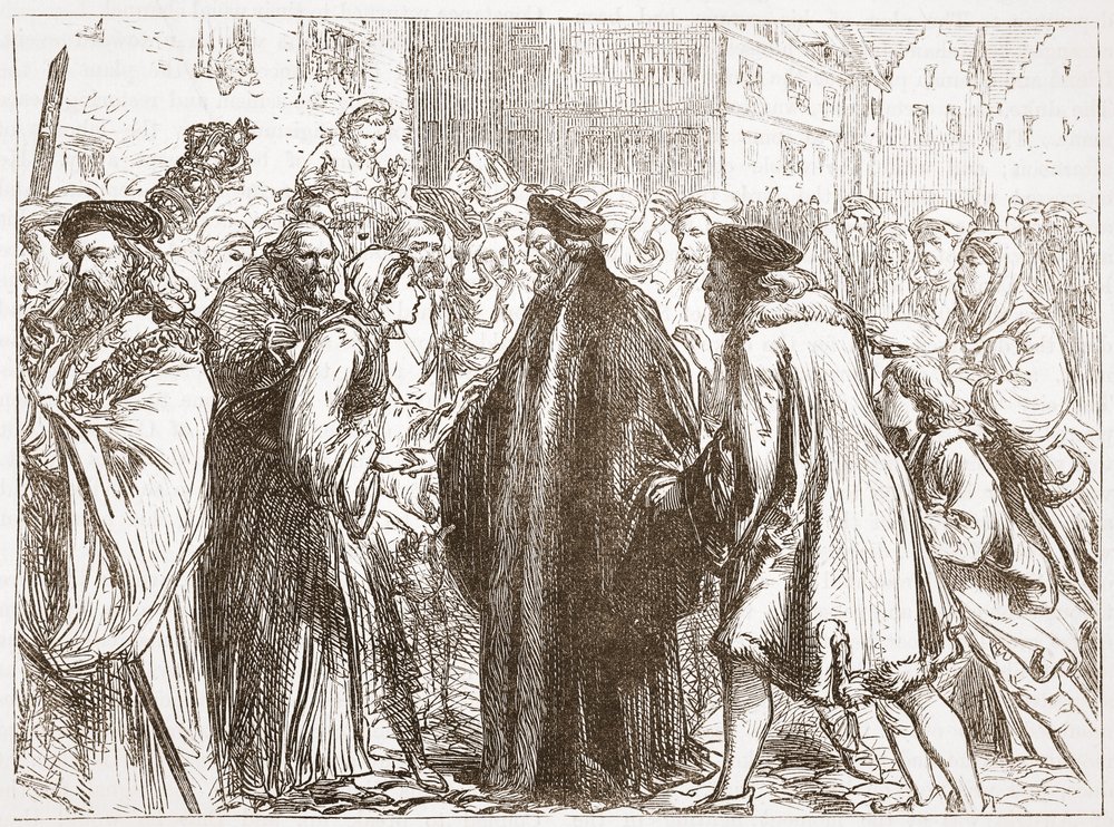 Recepção de John Huss em Nuremberg, ilustração da história do protestantismo por James Aitken Wylie (1808-1890), pub. 1878 de English School