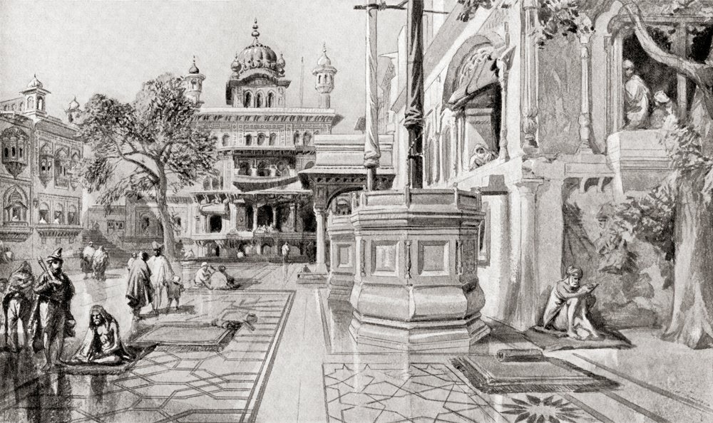 O complexo de Akal Takht ou Akal Bunga, Harmandir Sahib (Templo Dourado), Amritsar, Punjab, Índia, em 1864, da History of the Nations de Hutchinson, pub.1915 de English School