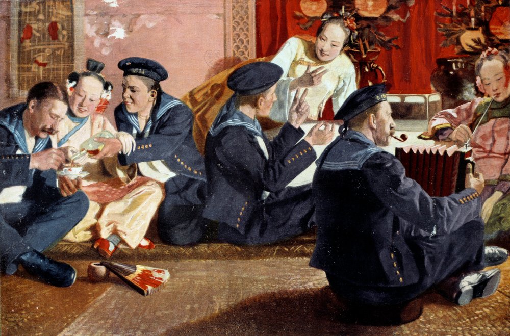 Marinheiros em uma casa chinesa baseada na pintura de Erich Eltze (1865-). Gravura do século XIX. Paris, Artes Decorativas de Erich Eltze
