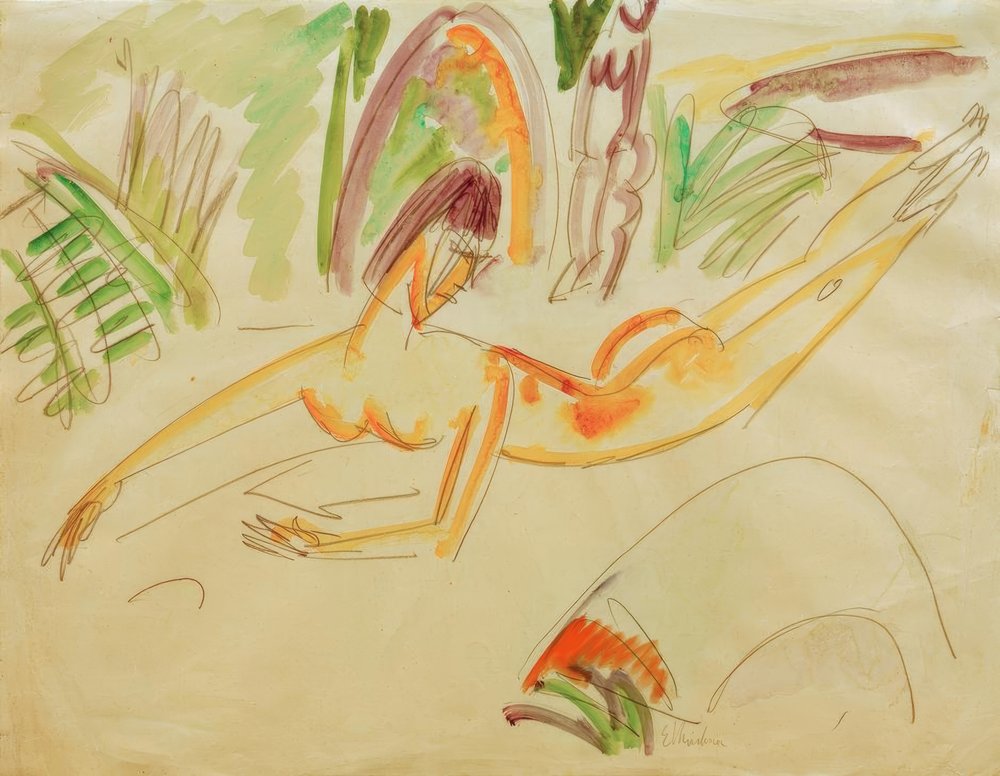Deitado nu feminino na praia de Fehmarn de Ernst Ludwig Kirchner