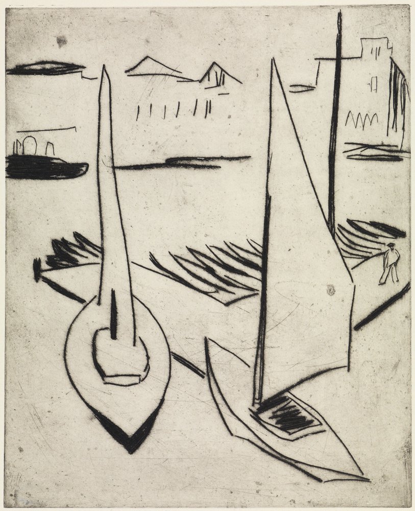 Porto de veleiros no Alster, Hamburgo / Rua com obeliscos, Dresden de Ernst Ludwig Kirchner