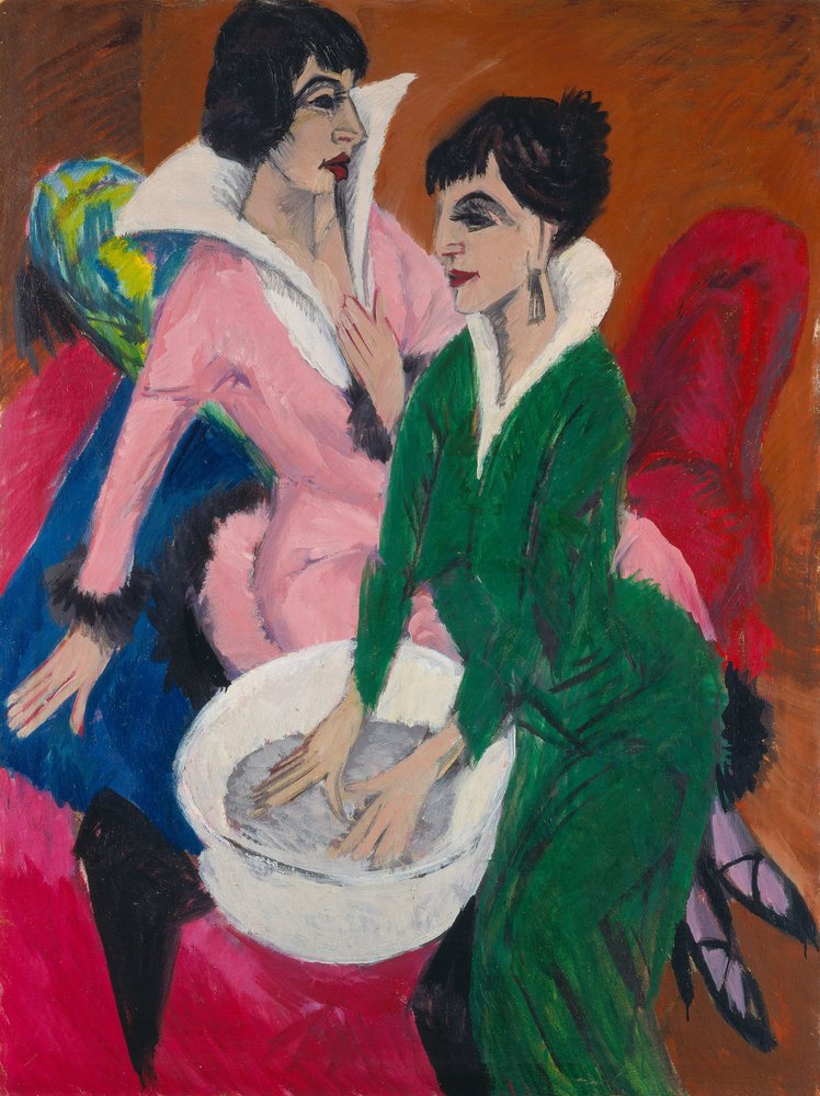 Duas mulheres por uma pia. As Irmãs, 1913. de Ernst Ludwig Kirchner