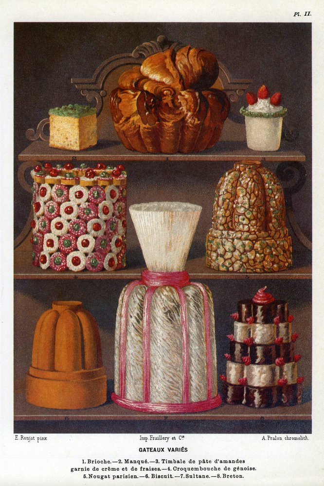 Os bolos variam: brioche, falta, timpani de pasta de amêndoa coberto com creme e morangos, croquenbouche de genoise, nougat parisiense, biscoito, sultaneamente, Breton - Placa nº 2 do Livro de Pastelaria de Jules Gouffe, oficial de bouche du Jockey-Club de de Etienne (after) Ronjat