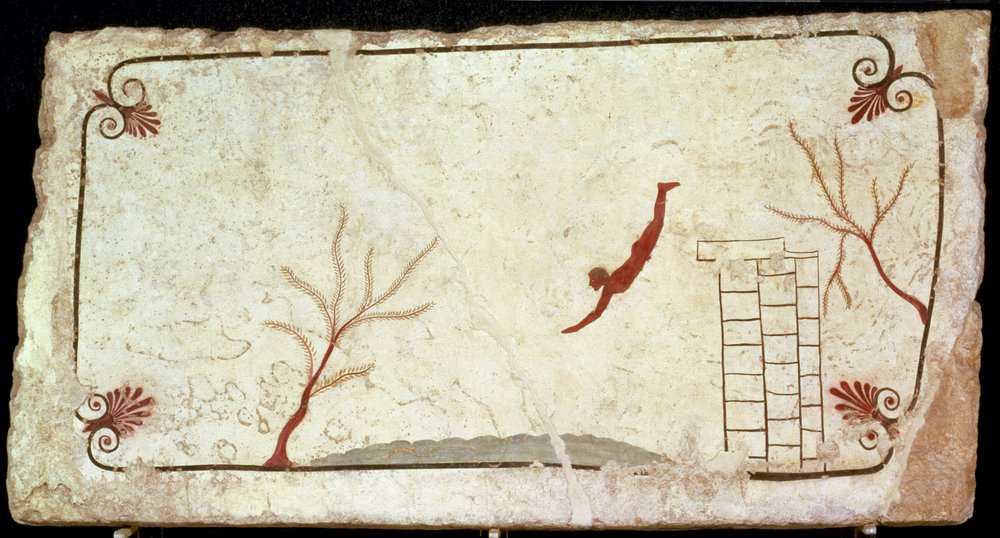 Pintura do túmulo do mergulhador do cemitério do sul em Paestum, 480-470 aC de Etruscan