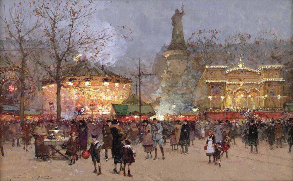 Fete, na Place de La Republique, Paris (giz preto e guache sobre papel) de Eugene Galien-Laloue