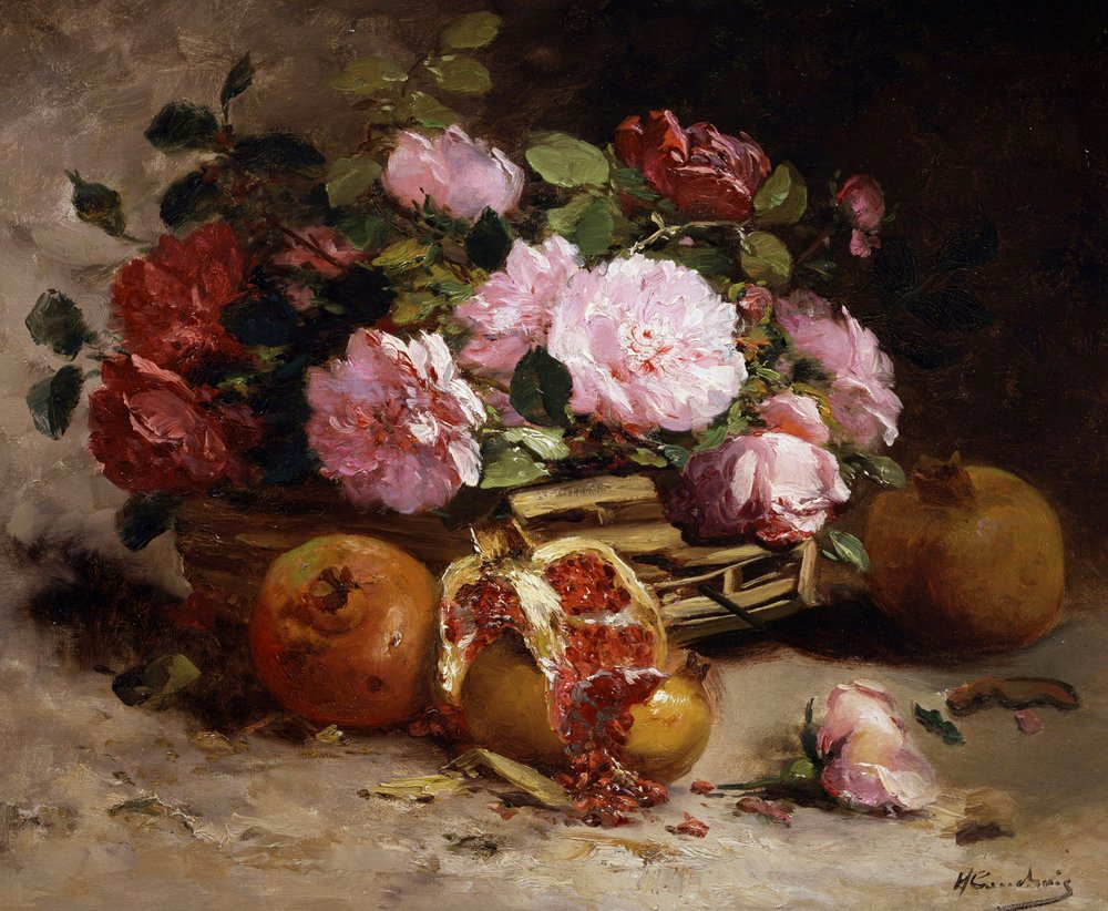 Natureza-morta de rosas e romãs. Pintura de Eugène Henri Cauchois (1850-1911) Coleção particular. de Eugene Henri Cauchois
