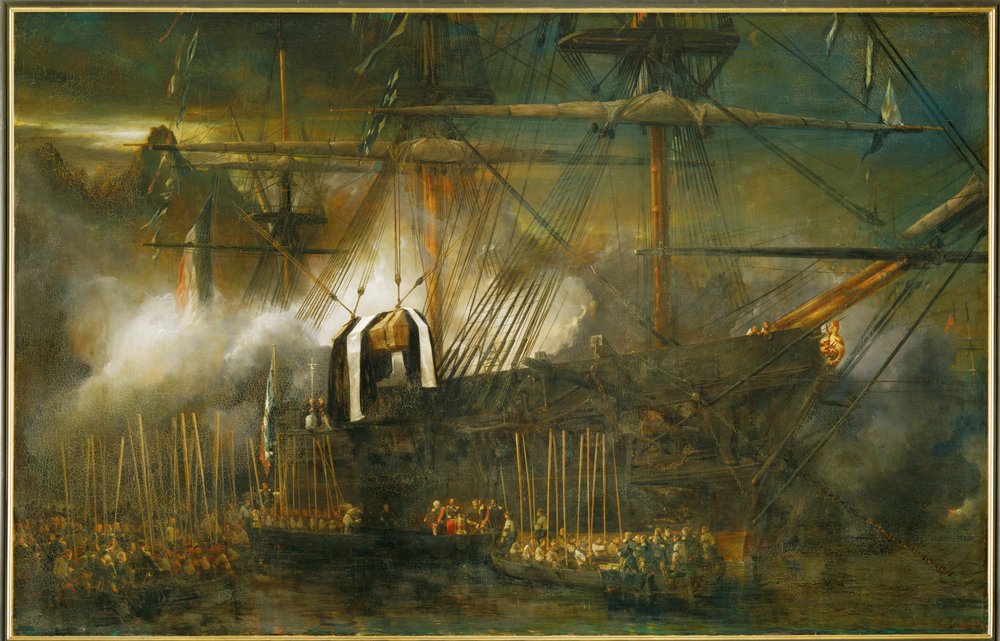Transbordo das cinzas de Napoleão I a bordo do La Belle Poule (pintura sobre tela) de Eugene Isabey