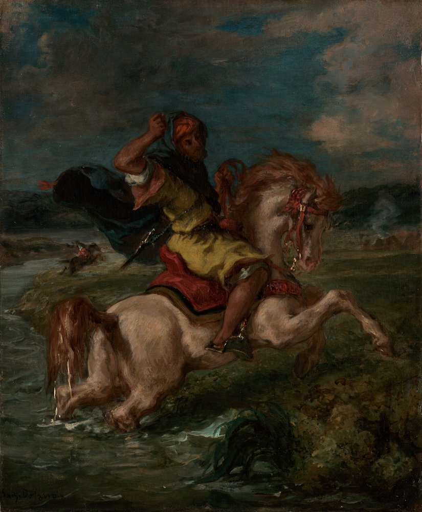 Cavaleiro marroquino a atravessar um Ford de Eugène Delacroix