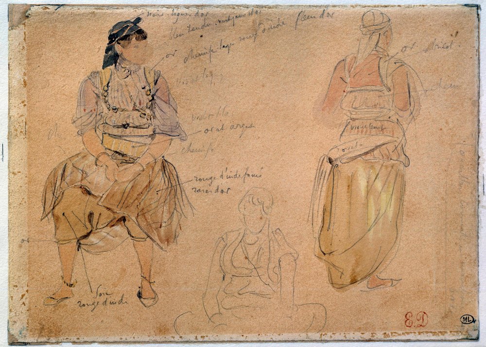 Estudos de Mulheres Árabes Desenhando uma mina de chumbo com aquarela por Eugene Delacroix (1798-1863) 1832 Paris, Museu do Louvre de Ferdinand Victor Eugene Delacroix