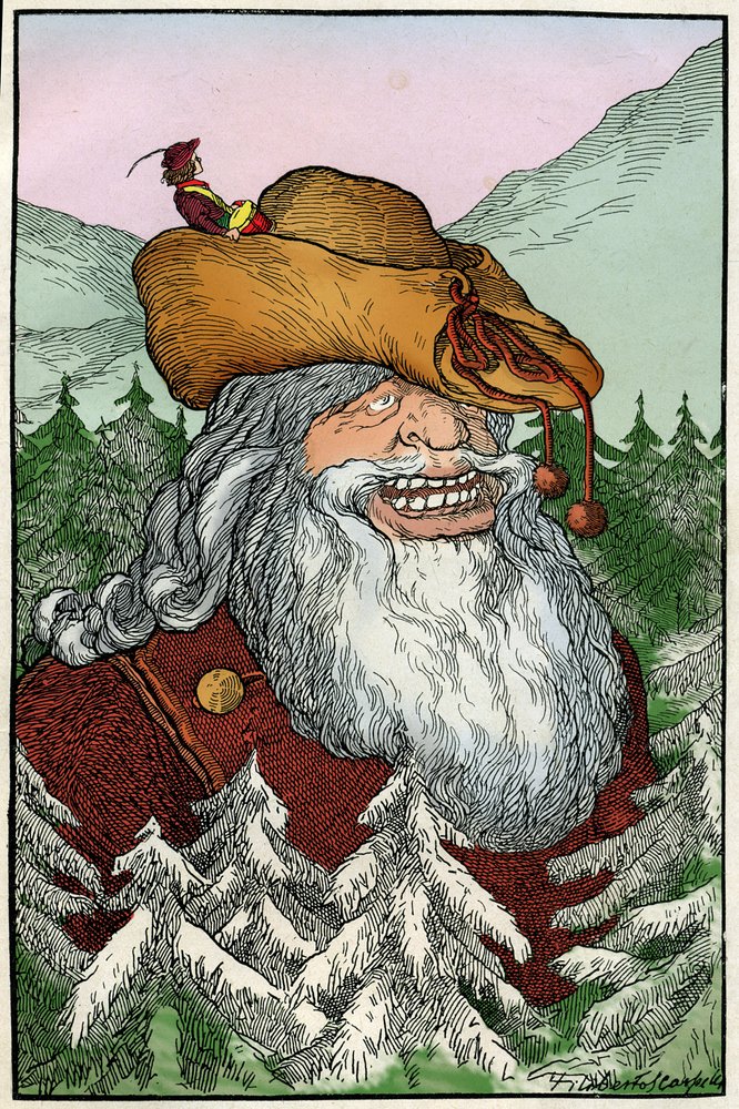 Ilustração de Filiberto Scarpelli (1870-1933) para a fábula "" La montagna di cristallo "" (A montanha de cristal) de uma coleção de fábulas dos irmãos Grimm "Branca de Neve e outros contos"" aproximadamente 1920. de Filiberto Scarpelli
