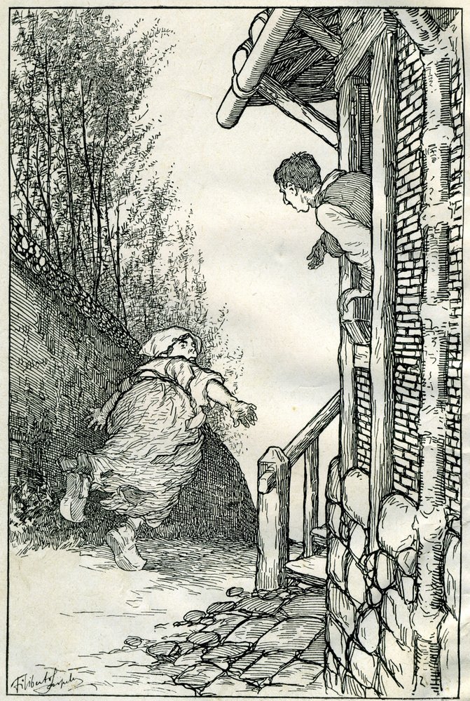 Ilustração de Filiberto Scarpelli para o conto "Toinette l'idiote ()" de uma coleção de fábulas dos irmãos Jacob e Wilhelm Grimm, "Branca de Neve e outros contos". de Filiberto Scarpelli