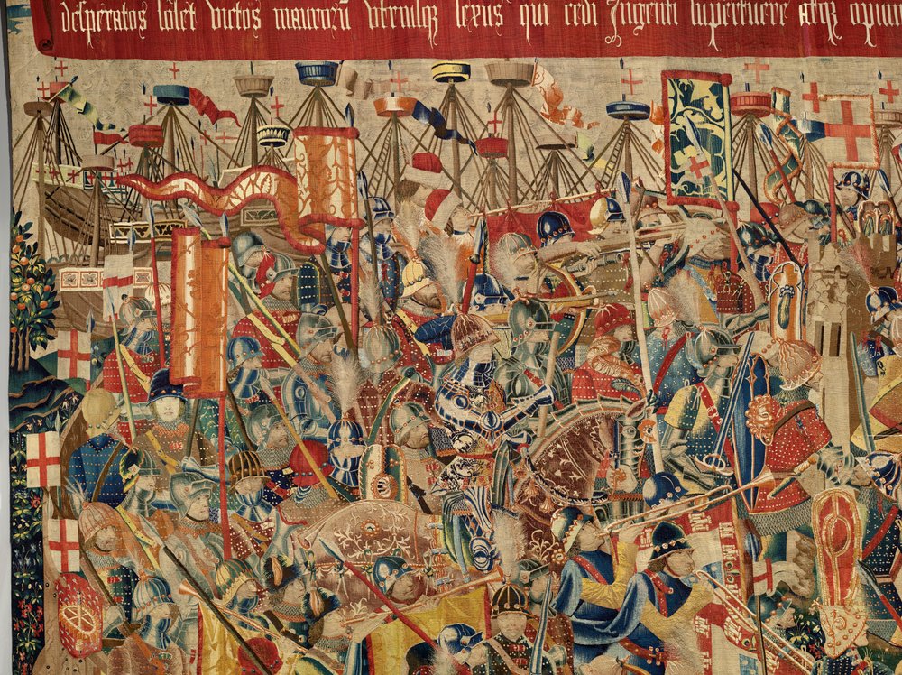 Museu Paroquial de tapeçarias (Museo Parroquial de Tapices de Pastrana). Tapeçaria flamenga. Toma de Arcila (Toma de Arcila, Asalto de Arcila, De inname van Arzila). Série Conquistas do rei Afonso I de Portugal (Conquistas de Alfonso V de Portugal). Tourna de Flemish School