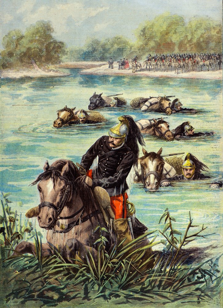 O 7º regimento de dragões passa a nado ao lado das suas montadas de Fortune Louis Meaulle