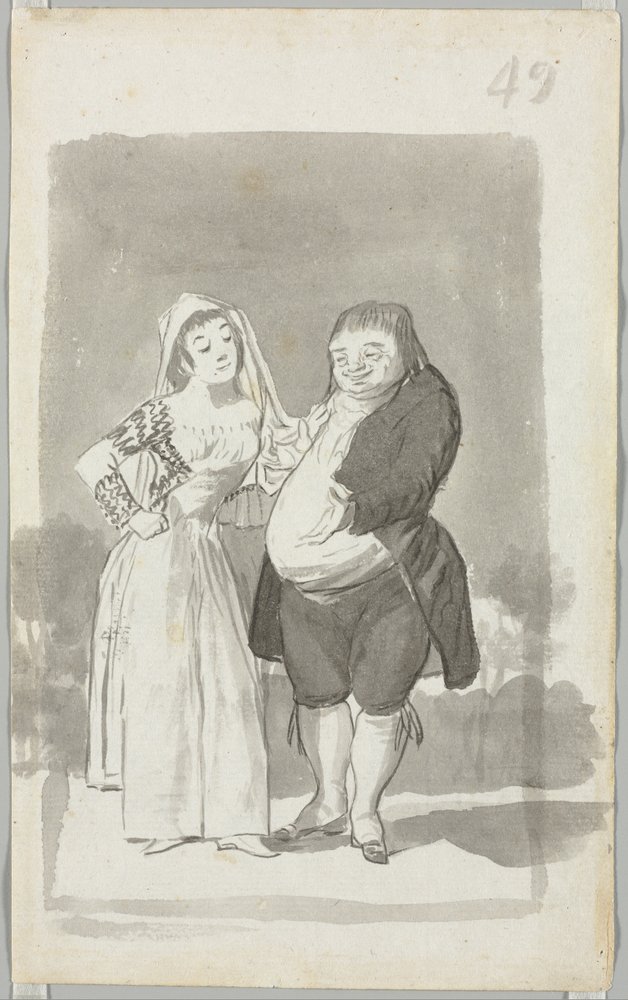 Prostituta a solicitar um homem gordo e feio, recto, jovem mulher a torcer as mãos, verso, 1796-97 de Francisco de Goya