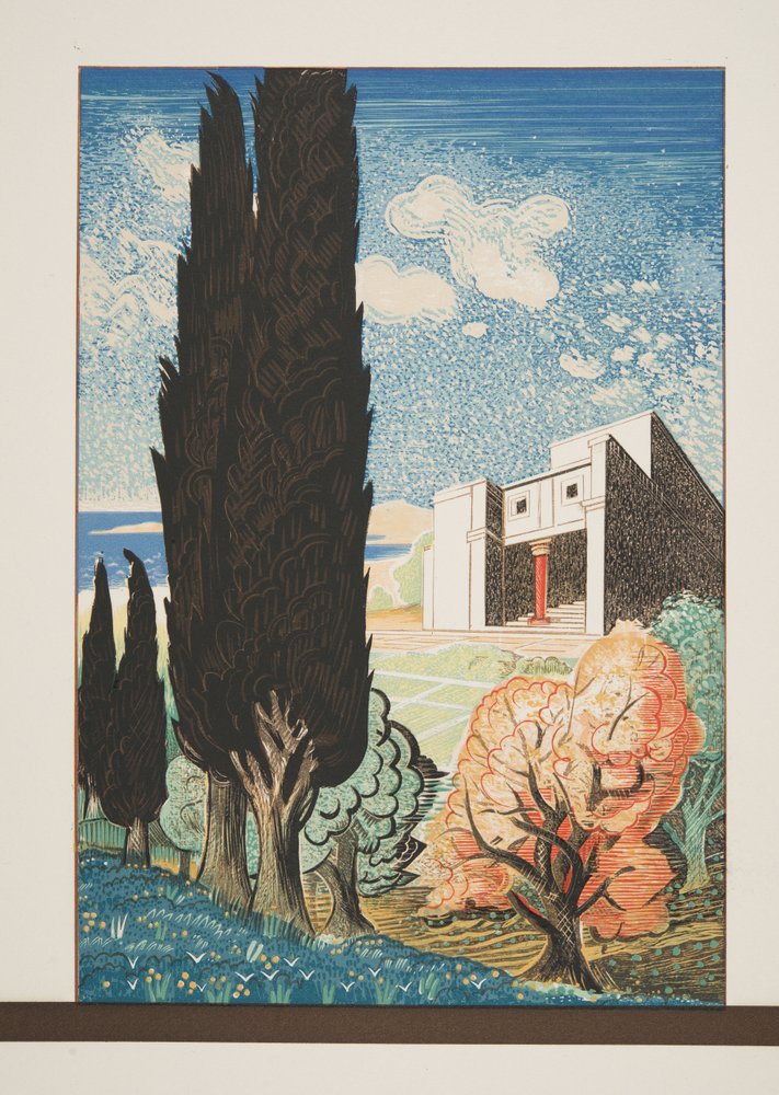 Templo com cipreste, de Prometeu acorrentado por Ésquilo, pub. 1941 (estêncil) de Francois-Louis Schmied