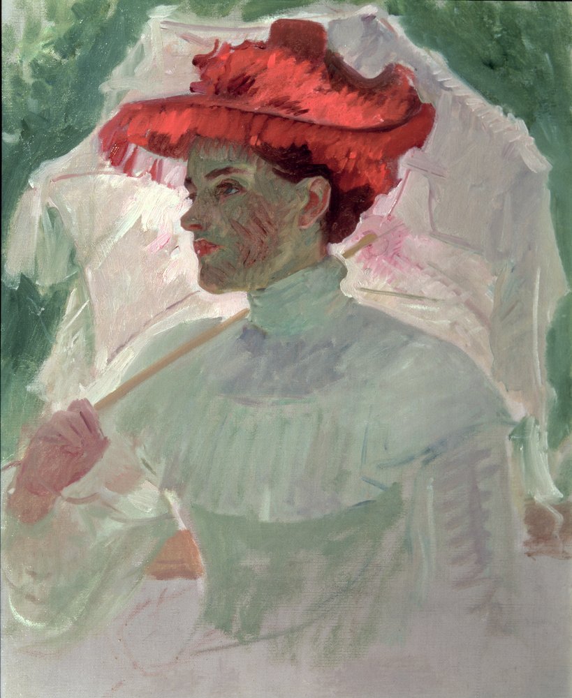 Mulher, com, chapéu vermelho, e, parasol de Frank Duveneck