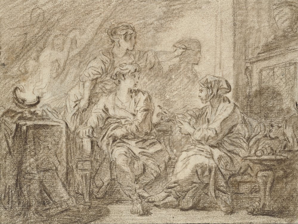 A invenção do desenho (giz marrom em papel off-white afiado com tinta preta) de François Boucher
