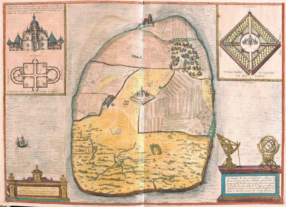 Ilha de Ven e Uranienborg, o palácio e observatório de Tycho Brahe localizado nesta ilha, no Sund (gravura de Franz Hogenberg