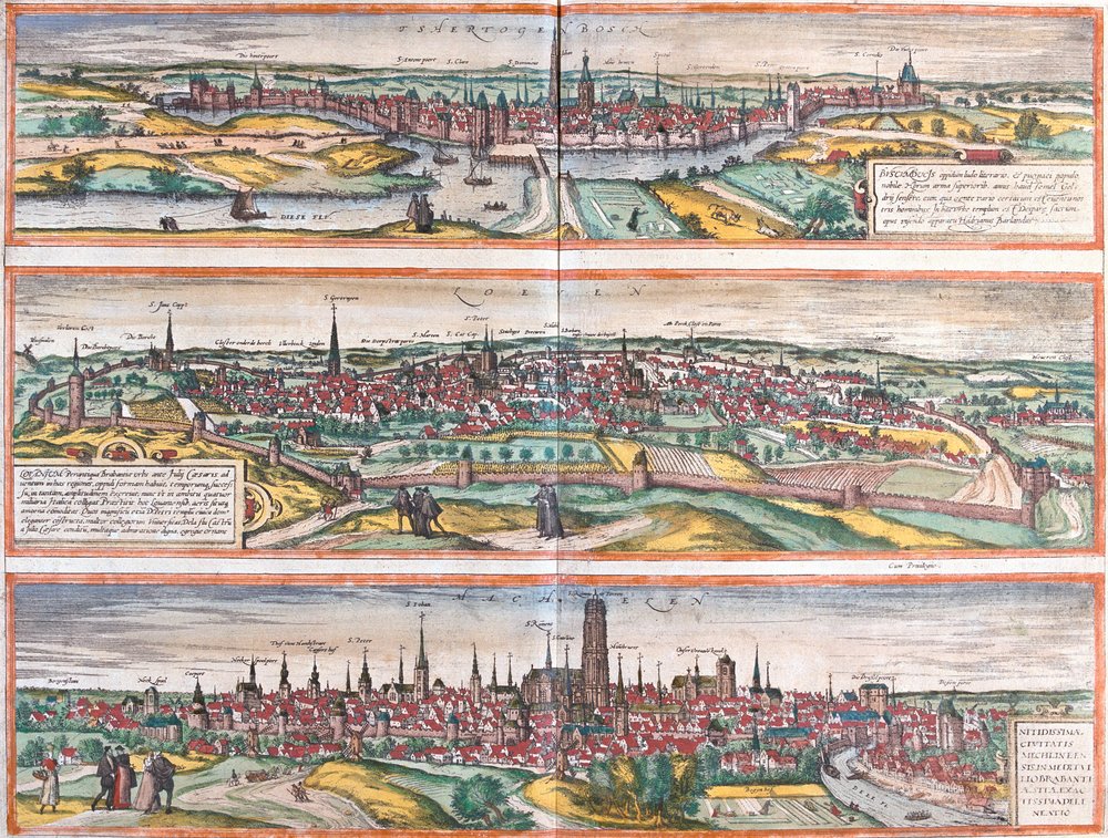Vistas de Bois le Duc (Buscumducis), na Holanda, Leuven (Lovanium) e Machelen (Mechlineen), na Bélgica (gravura de Franz Hogenberg