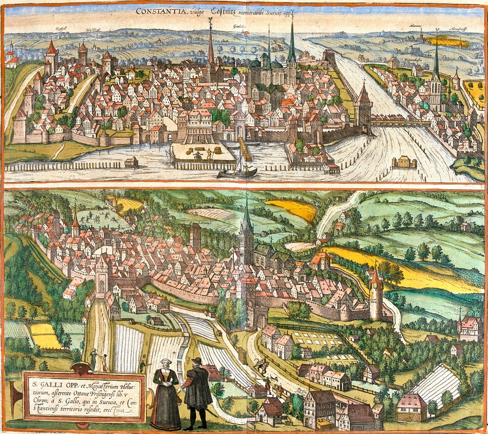 Vistas de Constance (Contantia), Alemanha e St. Galli (S. Galli), Suíça (gravura de Franz Hogenberg