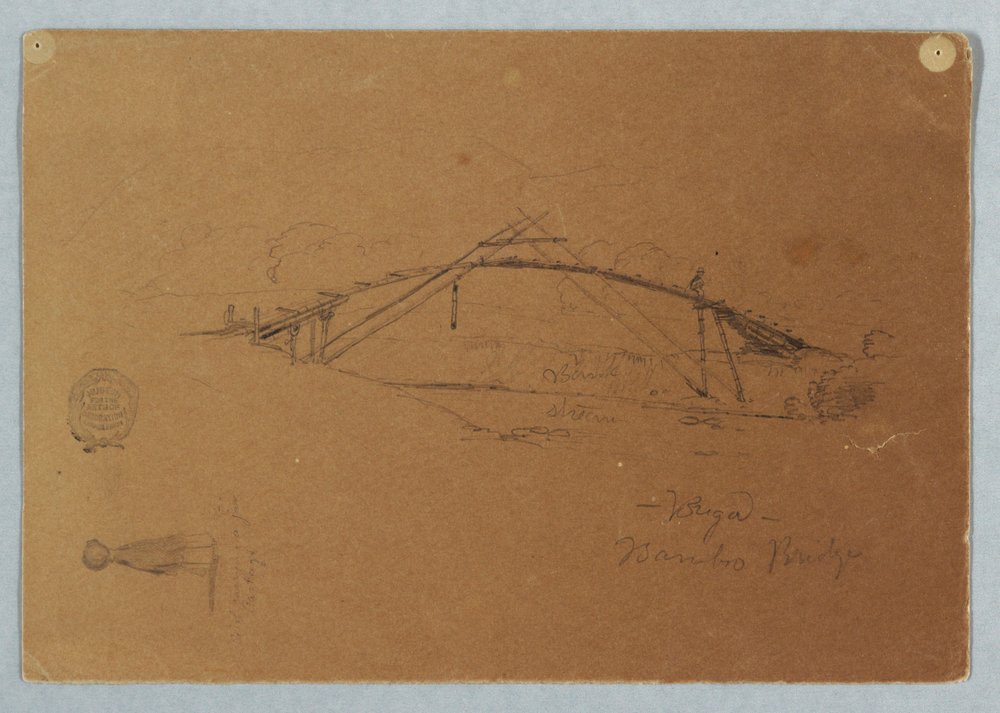 Desenho, Ponte de bambu em Buga, Colômbia e rapariga carregando um frasco, Cartago, Colômbia, julho de 1853 de Frederic Edwin Church