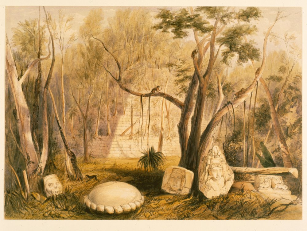 Edifício piramidal e fragmento de escultura em Copán, ilustração de «Incidentes de viagem na América Central, Chiapas e Iucatão» por John Lloyd Stephens, 1844 de Frederick Catherwood