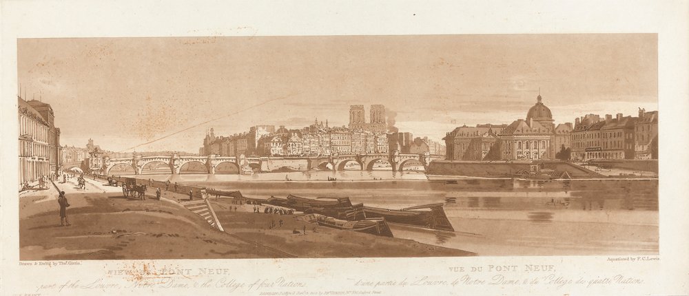 Vista de Port Neuf, parte do Louvre, Notre Dame & the College of Four Nations, 1803; Placa 7 de Views in Paris, o traçado do volume Emanuel da placa B1981.25.2616 de Frederick Christian Lewis the Elder