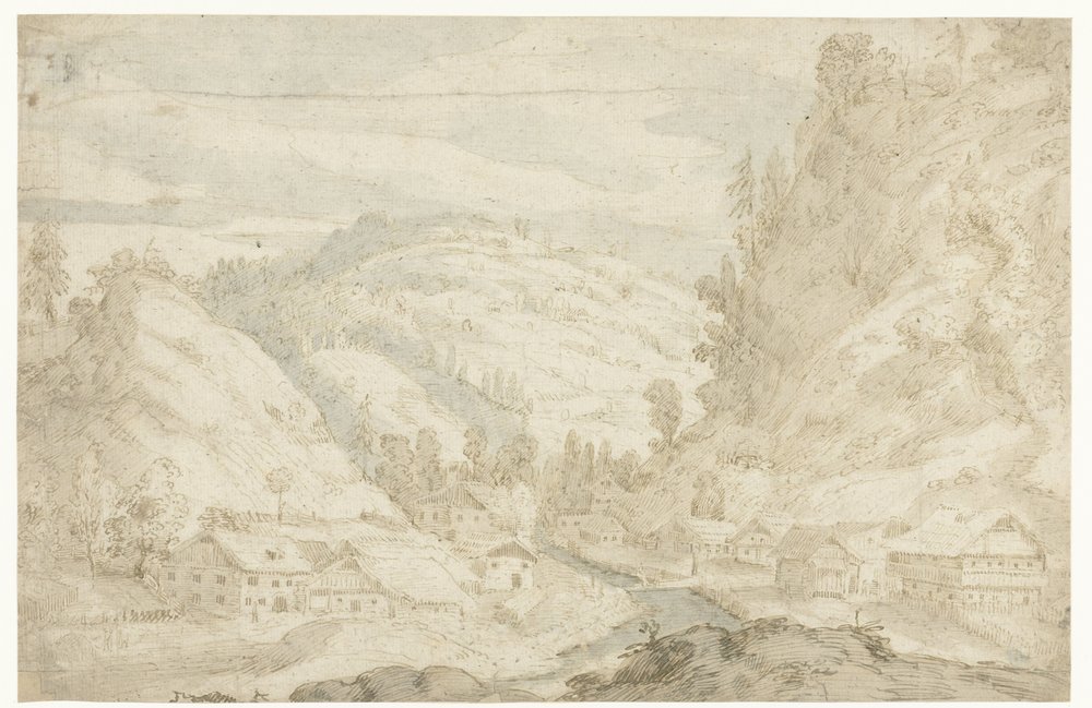 Vista de um vale com uma aldeia e um riacho de montanha Sketchbook (título da série) de Frederik van Valckenborch