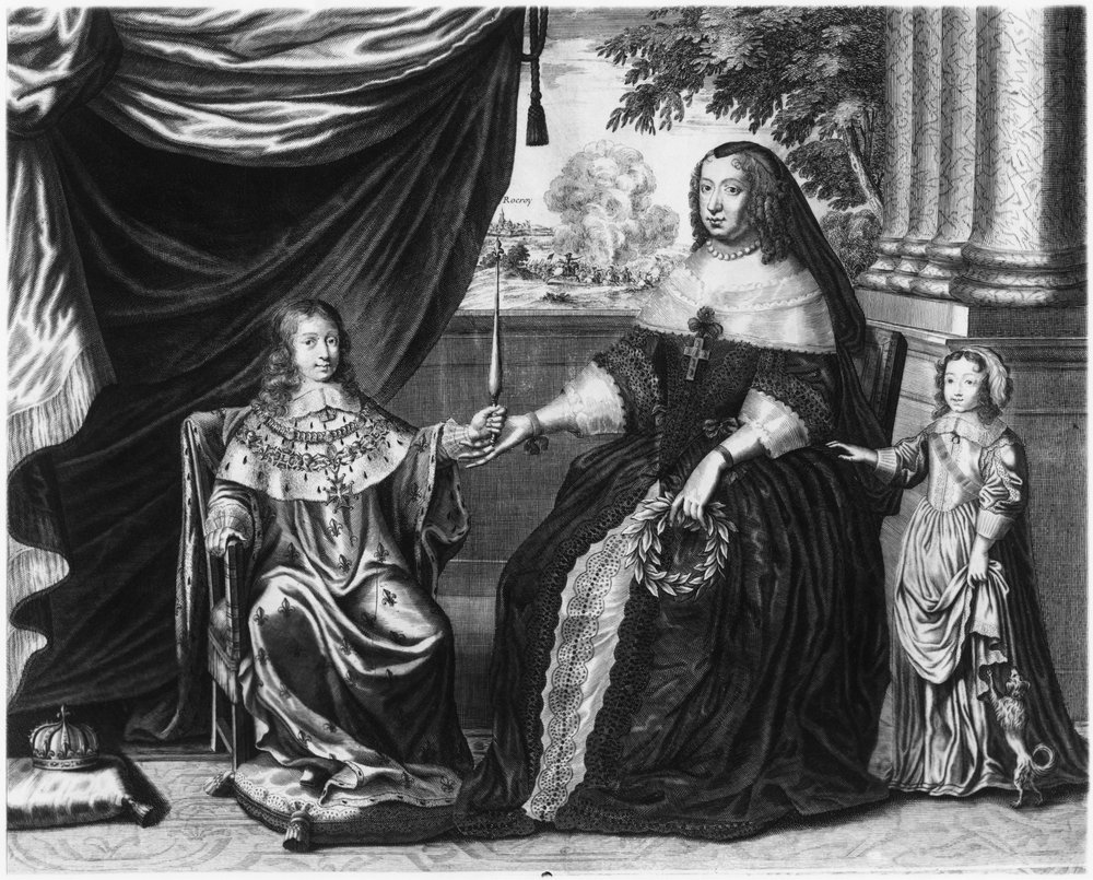 Ana da Áustria, rainha da França e Navarra, e seus filhos Delfim Luís de França, futuro Luís XIV, e Filipe I, duque de Orleans, 1643 de French School
