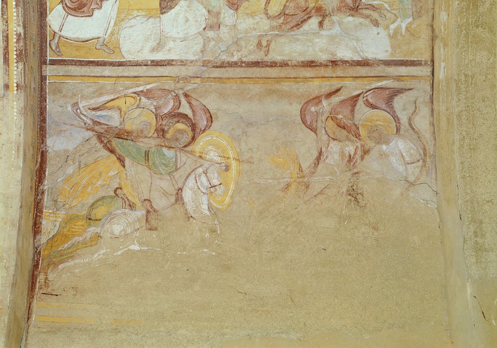São Miguel e os anjos lutando contra o dragão, detalhe do Apocalipse do narthex, c.1100 (afresco) de French School