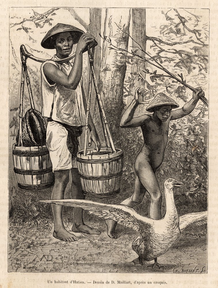 Um residente de Hatien (Vietnã) carregando baldes e cesta e uma criança caçando um ganso com um pau, gravando após um desenho de Robin ilustrando a viagem a Cochinchine, pelo Dr. Morice, em 1872, publicado em "Le tour du monde" 1875, editado por E de French School