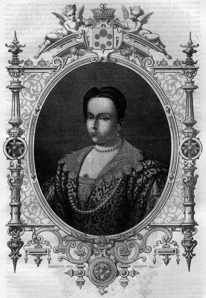 Adelaide de Borgonha (931-999), Viúva de Lothaire (Conde de Paris e Duque de França) e segunda esposa de Othon I, o Grande. Gravura no "Histoire des Papes-Rois-Queen and Empereurs a travessa les centuries" de Maurice Lachatre de French School