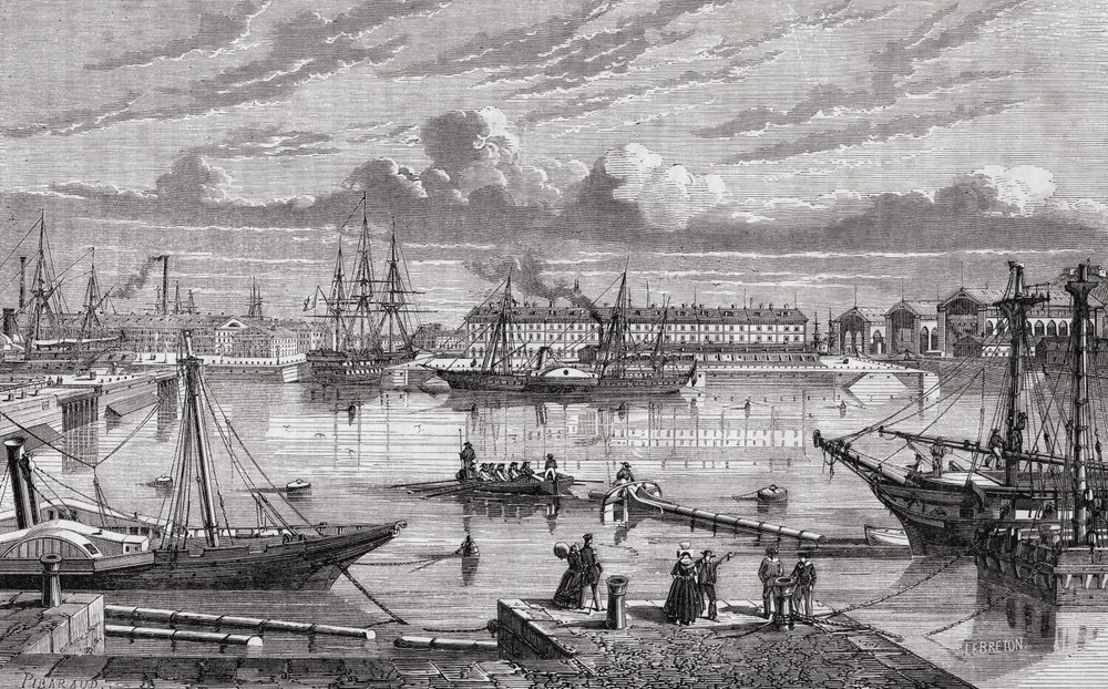 Cherbourg no século 18, gravado por Breton depois de Pibaraud, de "História da Revolução Francesa" por Louis Blanc (1811-82) de French School