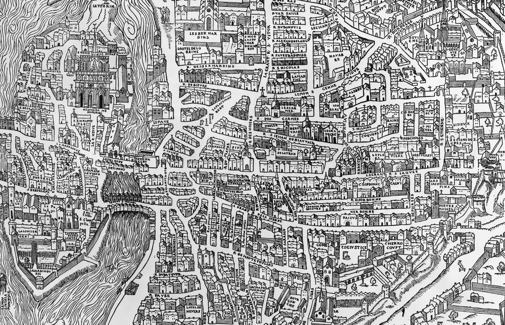Detalhe de um mapa de Paris no reinado de Henri II mostrando o quartier des Ecoles, 1552 de French School
