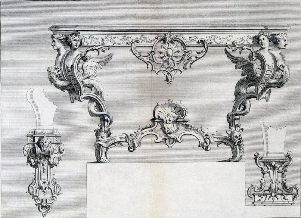 Castiçal de dupla ramificação com elementos rococó e clássicos, a partir de um livro de padrões de desenhos de peças de metal neoclássicos criados por Duhamel, c.1770s-80s de French School