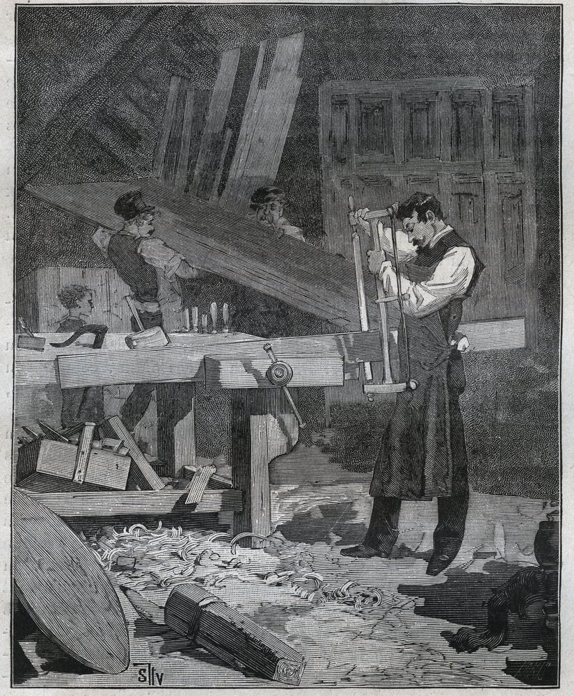 Ebenisterie: trabalhador ebenista que divide um conselho no estabelecido. Gravura de 1885 em "Les arts et metiers illustres" de Adolphe BITARD. de French School