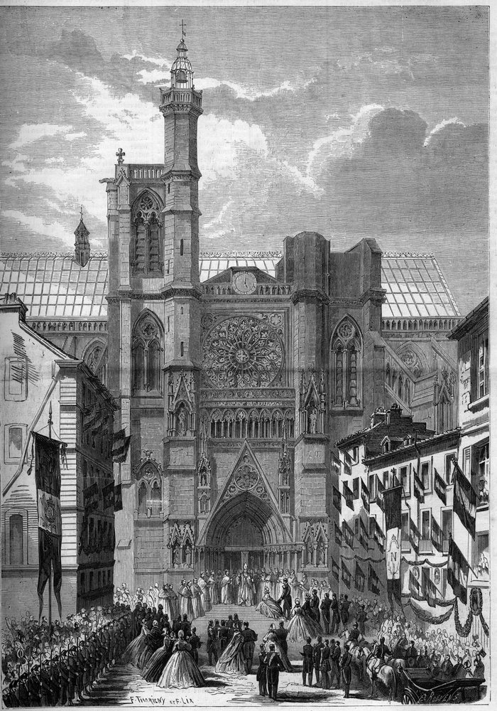 Arquitectura gótica: vista da Cathedrale Notre Dame de Clermont Ferrand (Clermond-Ferrand), Puy de Dome (63), durante a visita de Napoleão III e da Impression Eugenie de Montijo em 1862. Gravura em "Le Monde Illustré" n°275 de 19 de Julho de 1862. de French School